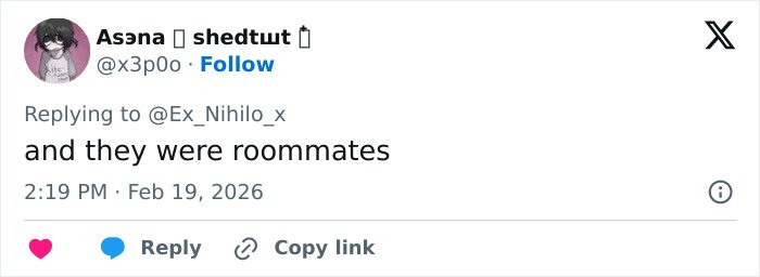 Tweet text saying and they were roommates, posted by user @x3p0o in response to another user, discussing closet lesbian rumor.