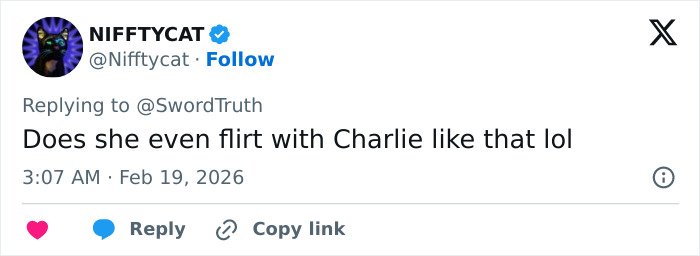 Tweet from user Nifftycat questioning if she flirts with Charlie, related to closet lesbian rumors and interactions with a female friend.