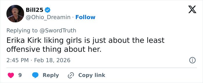 Screenshot of a tweet discussing Erika Kirk’s interactions, mentioning closet lesbian rumors and female friend connection.