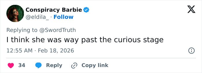 Tweet by Conspiracy Barbie replying to SwordTruth about being past the curious stage, with engagement icons visible.