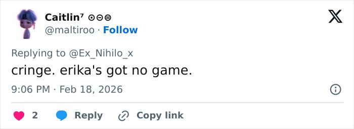 Screenshot of a tweet commenting on Erika Kirk, mentioning cringe and lack of game, related to closet lesbian rumors.
