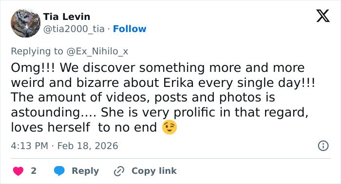 Tweet from Tia Levin discussing Erika Kirk’s prolific posts and videos, hinting at rumors about her closet lesbian interactions.