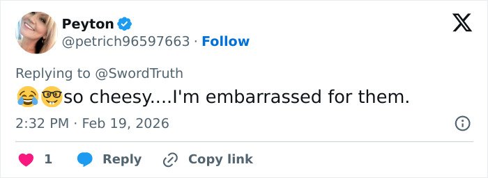 Screenshot of a tweet replying to SwordTruth with laughing and nerd emojis, mentioning embarrassment over cheesy content.