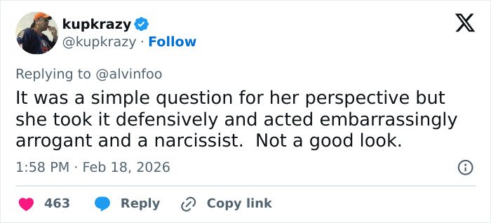 Screenshot of a tweet criticizing Eileen Gu’s reaction, highlighting JD Vance’s comment sparking backlash against the athlete.
