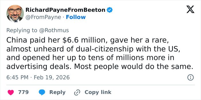Tweet discussing Eileen Gu’s dual citizenship and advertising deals amid JD Vance’s comment backlash on the athlete’s representation.
