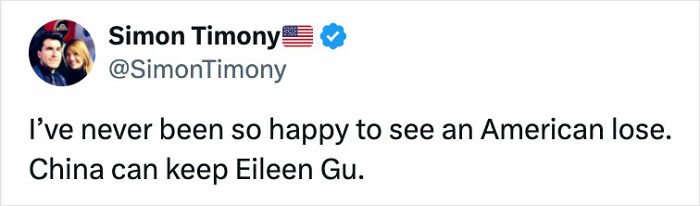 Tweet by Simon Timony expressing strong opinion on Eileen Gu’s representation amid JD Vance’s comment backlash.
