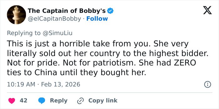 Screenshot of a tweet criticizing Eileen Gu’s representation, linked to JD Vance’s comment backlash against the athlete.