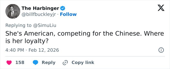 Tweet criticizing Eileen Gu’s representation, sparking backlash related to JD Vance’s comment on the athlete’s loyalty.