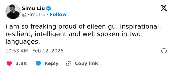 Simu Liu praising Eileen Gu as inspirational and resilient in a tweet amid JD Vance’s comment backlash on representation.