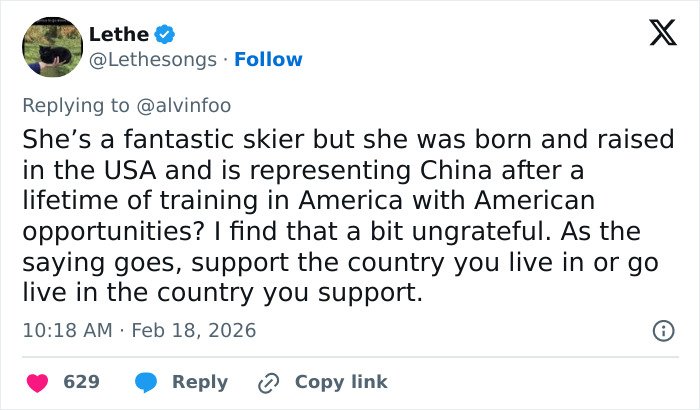 Screenshot of a social media reply criticizing Eileen Gu’s representation and sparking backlash involving JD Vance’s comment.