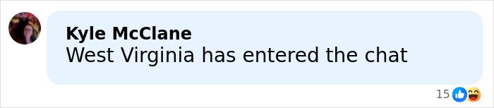 Screenshot of a social media comment saying West Virginia has entered the chat, related to ice rink attacker&rsquo;s family discovery.