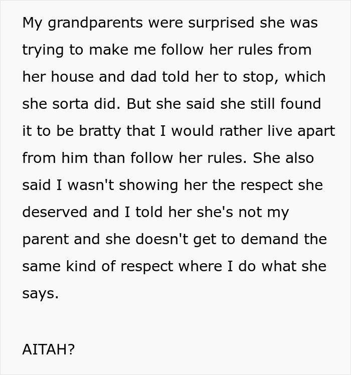 Text post discussing a woman trying to enforce family rules on her boyfriend&rsquo;s son who lives separately.