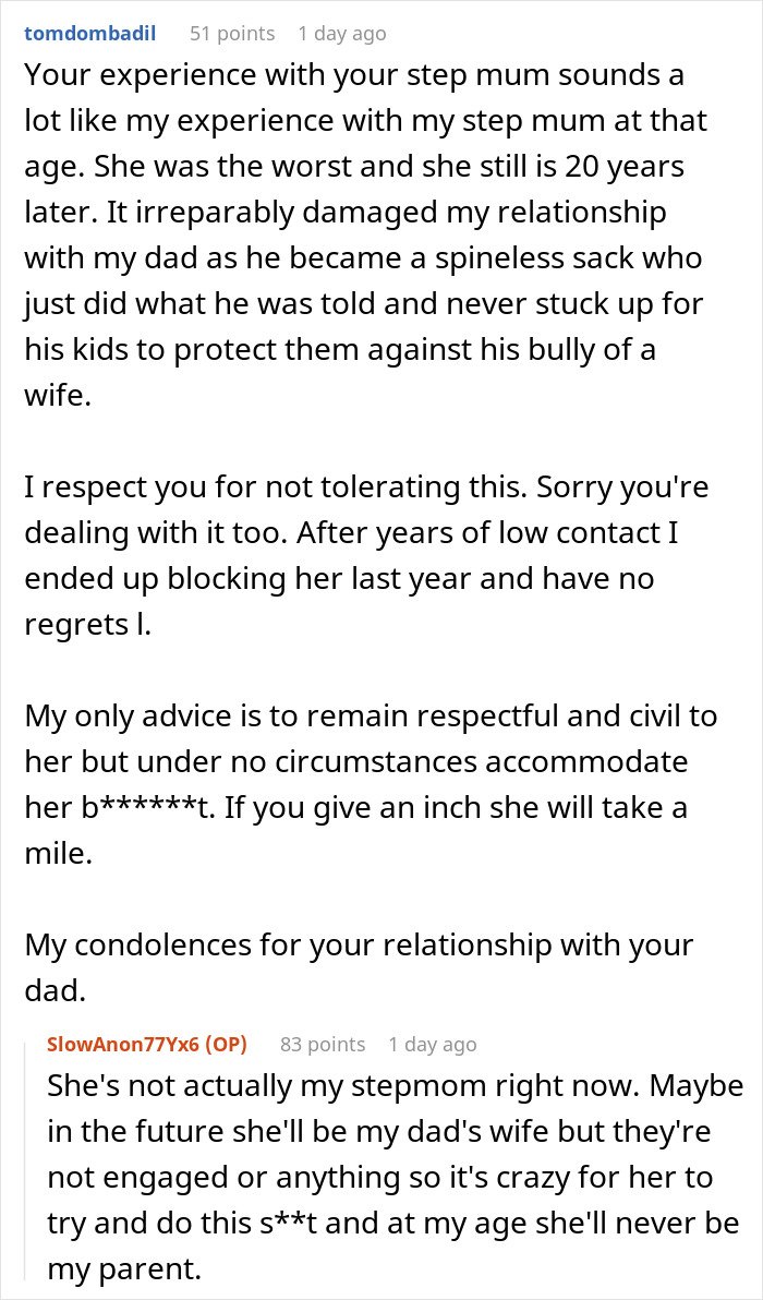 Comment about woman trying to enforce family rules on boyfriend&rsquo;s son who doesn&rsquo;t live with them.