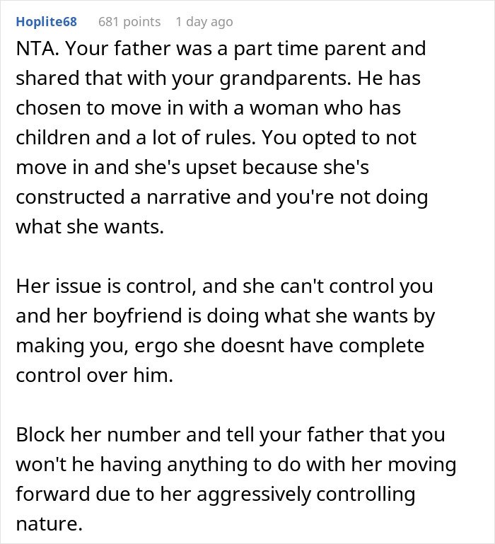 Reddit comment discussing woman trying to enforce family rules on boyfriend&rsquo;s son who doesn&rsquo;t live with them.