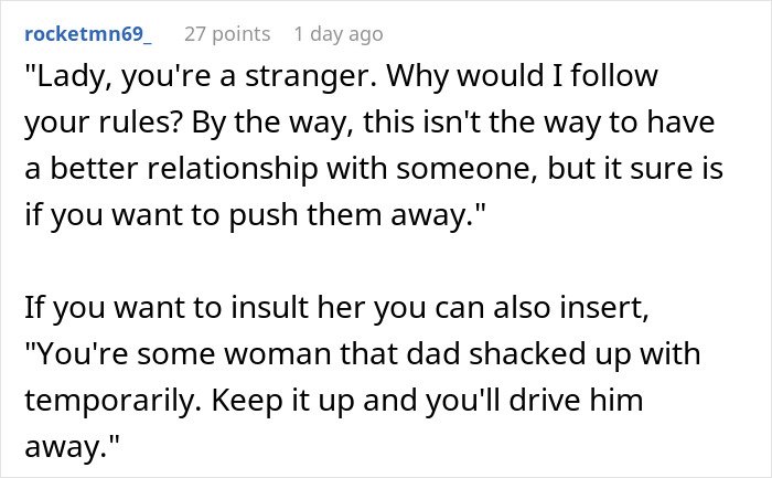 Comment discussing a woman trying to enforce family rules on boyfriend&rsquo;s son who doesn&rsquo;t live with them.