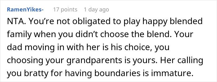 Comment about woman trying to enforce family rules on boyfriend&rsquo;s son who doesn&rsquo;t live with them in a relationship conflict.
