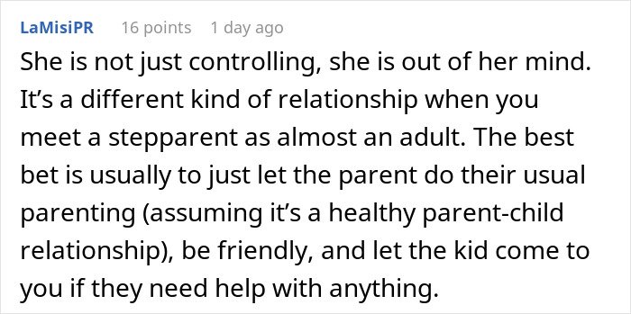 Comment discussing a woman trying to enforce family rules on her boyfriend&rsquo;s son who does not live with them.