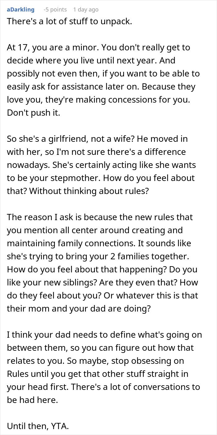 Comment text on a white background discussing family rules enforcement and relationships between a woman and her boyfriend&rsquo;s son.