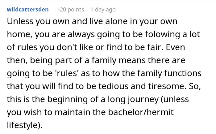 Screenshot of a Reddit comment discussing family rules and challenges when enforcing them on a boyfriend&rsquo;s son not living with them.