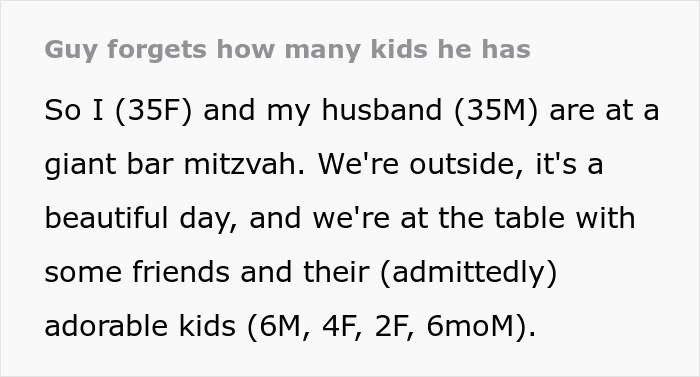 Man comically forgets how many kids he has while trying to warn another couple about having children outdoors.