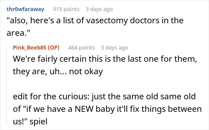 Reddit comments showing a guy comically forgetting how many kids he has while warning another couple not to have kids.