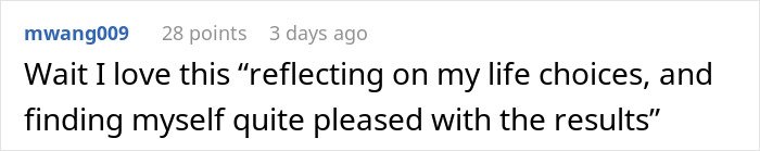 Comment on Reddit post with 28 points, humorously reflecting on life choices and personal satisfaction with results.
