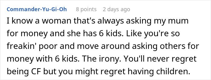 Commenter discusses irony of a woman with six kids asking for money, linked to the theme of forgetting number of kids.