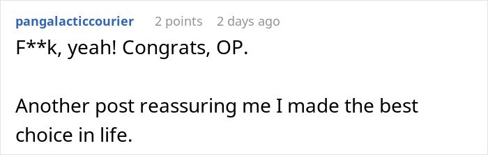 Screenshot of an online comment where a user congratulates OP for humor related to warning couples not to have kids.