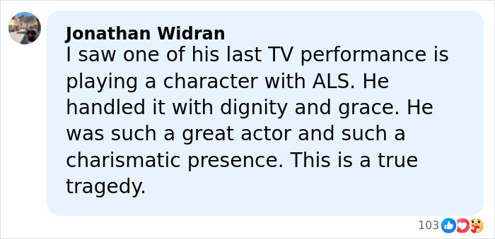 Comment about Eric Dane’s ALS role highlighting commonly ignored ALS symptoms and the actor’s dignified performance.