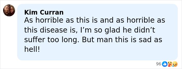 Comment on social media expressing sadness about ALS disease and relief about not suffering too long.