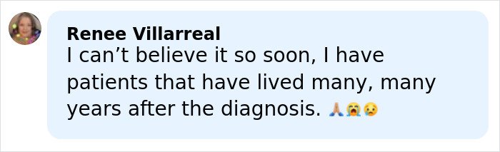 Screenshot of a social media comment discussing patients living many years after ALS diagnosis and symptoms awareness.