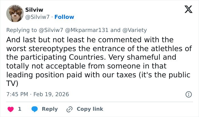 Tweet criticizing Winter Olympics host for offensive commentary about athletes, sparking public outrage and calls for resignation.