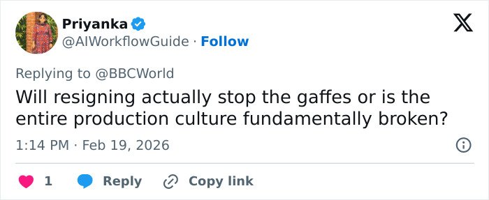 Tweet reply questioning if Winter Olympics host resignation will stop commentary outrage or reflect deeper production issues.