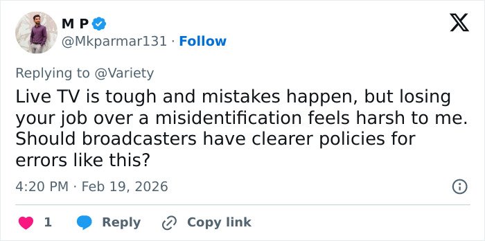 Tweet about the Winter Olympics host forced to resign after commentary sparked outrage, discussing live TV mistakes and job loss.