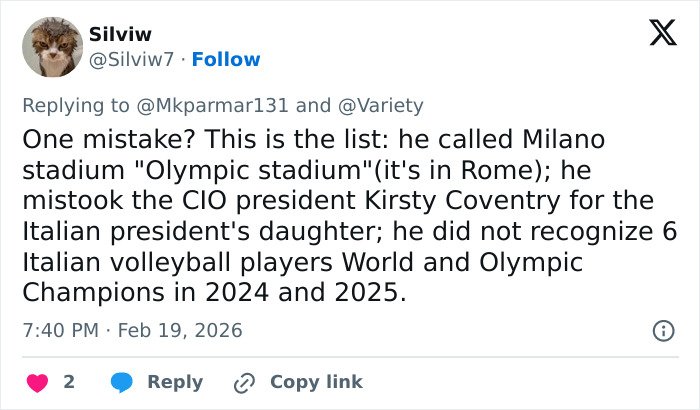 Tweet discussing Winter Olympics host’s mistakes in commentary, leading to outrage and forced resignation.