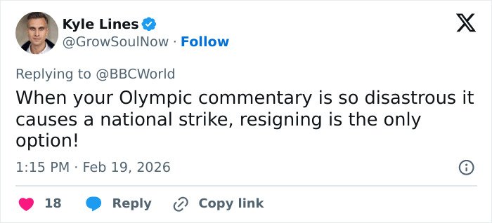 Tweet by Kyle Lines criticizing Olympic commentary causing outrage and resignation of Winter Olympics host.