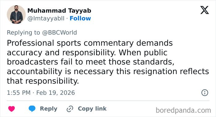 Tweet discussing professional sports commentary and accountability related to Winter Olympics host forced to resign after outrage.