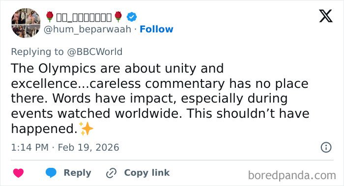 Tweet discussing Winter Olympics host forced to resign after commentary sparked public outrage and global criticism.