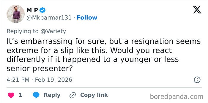 Tweet on a platform discussing the Winter Olympics host forced to resign after commentary sparked outrage.