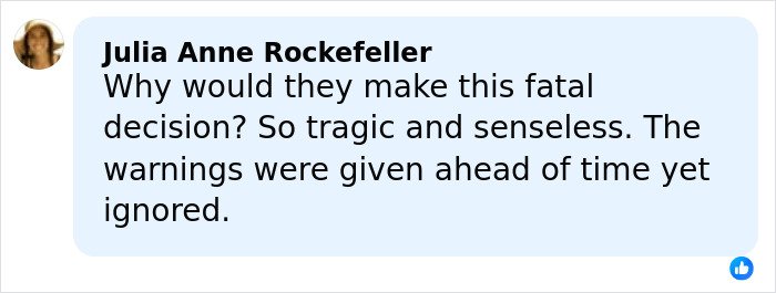 Comment from Julia Anne Rockefeller expressing grief over six mothers who enjoyed time off together and died in a tragic incident.
