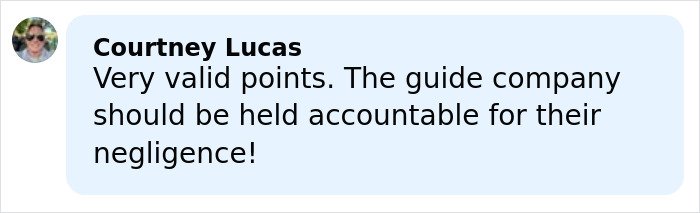 Comment by Courtney Lucas expressing concern over guide company negligence in a tragic incident involving six mothers.