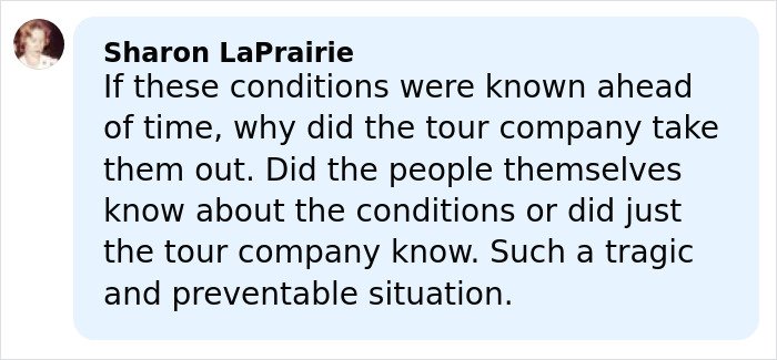 Comment by Sharon LaPrairie questioning the tour company’s decision amid tragic incident involving six mothers enjoying time off together.