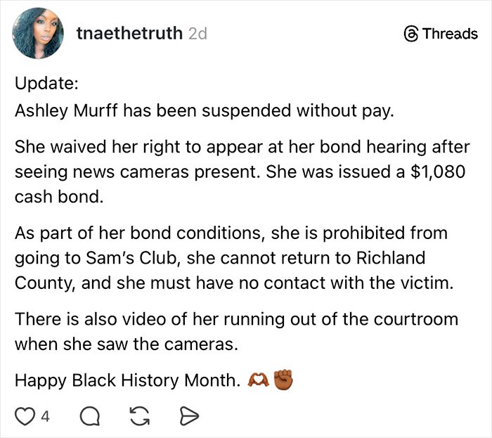 Text post from user tnaethetruth updating on teacher suspended without pay amid alleged racist attack case with bond conditions.