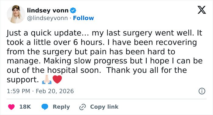 Lindsey Vonn speaks out about recovery and pain following fifth surgery on broken leg, sharing a heartfelt update.