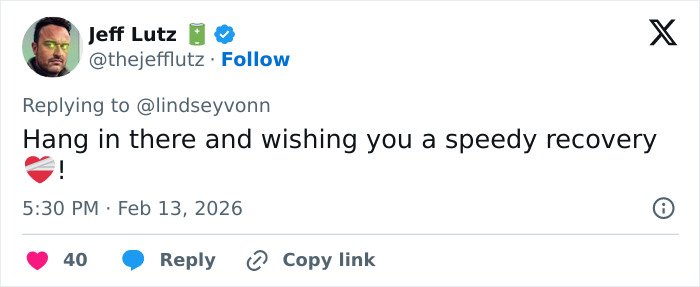 Tweet from Jeff Lutz encouraging Lindsey Vonn for a speedy recovery following fifth surgery on broken leg.