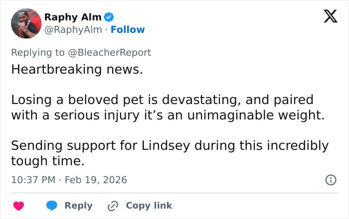 Tweet expressing support for Lindsey Vonn following her fifth surgery on broken leg and heartbreaking admission.