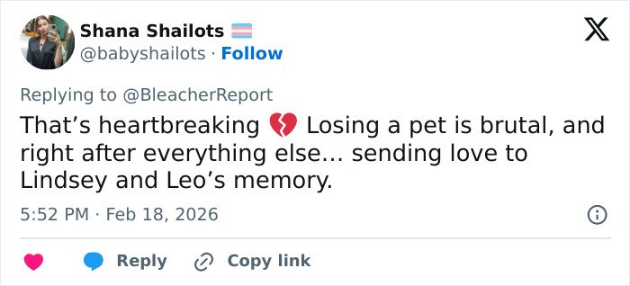 Tweet expressing heartbreak and sending love to Lindsey Vonn after her fifth surgery on broken leg and loss of pet.