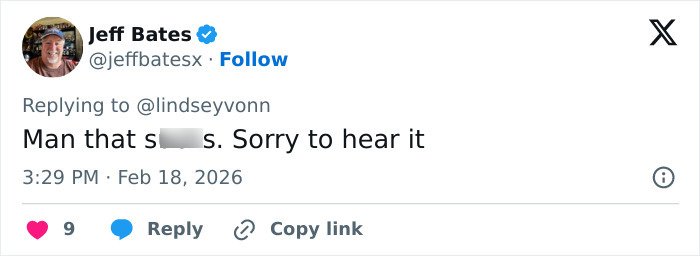 Tweet from Jeff Bates responding to Lindsey Vonn’s heartbreaking admission after fifth surgery on broken leg.