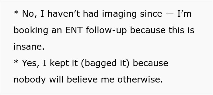 Text message discussing booking an ENT follow-up after 35 years of throat pain and preserving evidence of the condition.