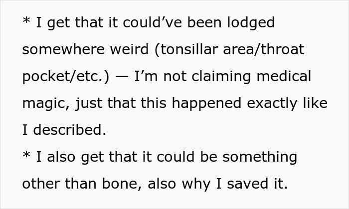 Screenshot of text discussing a throat issue possibly lodged in the tonsillar area causing long-term throat pain.